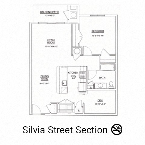 Floor plan for 1 bed, 1 bath, 1029 sqft